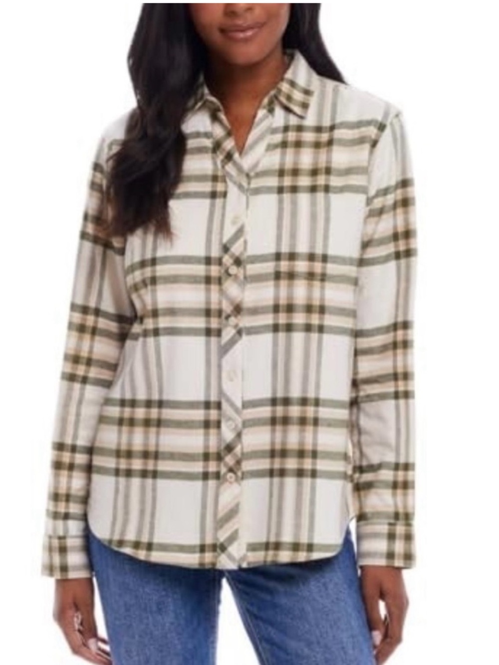 Weatherproof Vintage Cream Plaid Button-Down Shirt with Olive & Gray Stripes M